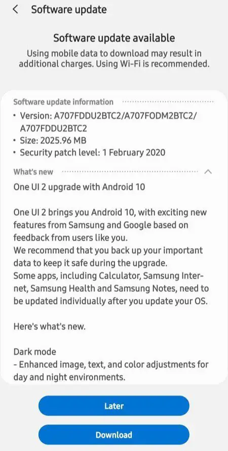 download galaxy a70s android 10 update